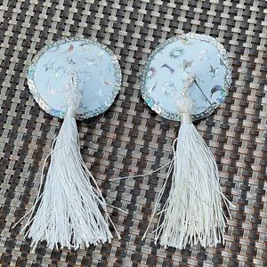 White pasties silver sequins trim iridescent moon stars astrological  burlesque